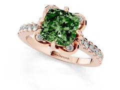 Fancy Green Cushion Cut Diamond Solitaire Ring Set in Rose gold with Pavé Band and Floral Prong Setting