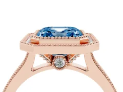 Fancy Blue Asscher Cut Diamond Halo Milgrain Pavé Band Ring Set in Rose gold with Prong Setting