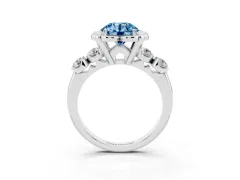 Fancy Blue Round Cut Diamond Floral Halo Ring Set in Silver with Shared Prong Band