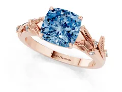 Fancy Blue Cushion Cut Diamond Solitaire Ring Set in Rose gold with Leaf Motif Band