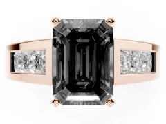 Fancy Black Emerald Cut Diamond Solitaire Ring Set in Rose gold with Channel-Set Accent Stones and Prong Setting