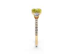 Fancy Yellow Asscher Cut Diamond Three-Stone Ring Set in Yellow gold with Pavé Band and Graduated Sides