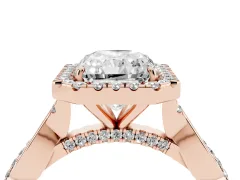 Radiant Cut Diamond Halo Twist Band Solitaire Ring Set in Rose gold with Prong Setting