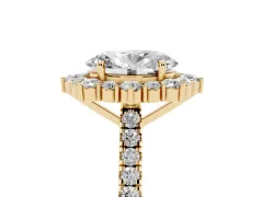 Oval Cut Diamond Halo Ring Set in Yellow gold with Pavé Band and Prong Setting