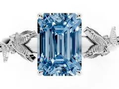 Fancy Blue Emerald Cut Diamond Solitaire Ring Set in Silver with Leaf Motif Band