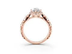 Marquise Cut Diamond Halo Ring Set in Rose gold with Filigree Leaf Band and Prong Setting