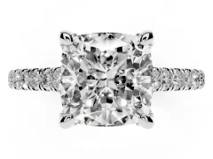 Cushion Cut Diamond Solitaire Ring Set in White gold with Brilliant Pavé Band and Prong Setting