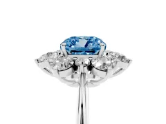 Fancy Blue Cushion Cut Diamond Cluster Halo Ring Set in Silver with Solitaire Band and Prong Setting