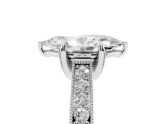 Marquise Cut Diamond Solitaire Ring Set in Silver with Milgrain-Edged Pavé Band and Prong Setting