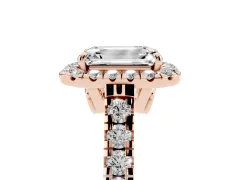 Emerald Cut Diamond Halo Engagement Ring Set in Rose gold with Pavé Band and Prong-Set Center