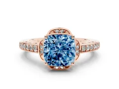 Fancy Blue Cushion Cut Diamond Halo Ring Set in Rose gold with Channel Set Band and Prong Setting
