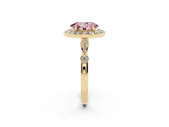 Fancy Pink Oval Cut Diamond Halo Engagement Ring Set in Yellow gold with Twisted Band and Prong Setting