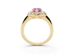 Fancy Pink Cushion Cut Diamond Cluster Halo Ring Set in Yellow gold with Solitaire Band and Prong Setting