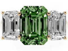 Fancy Green Emerald Cut Diamond Three-Stone Ring Set in Yellow gold with Plain Polished Band