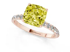 Fancy Yellow Cushion Cut Diamond Solitaire Engagement Ring Set in Rose gold with Round Pavé Band and Prong Setting