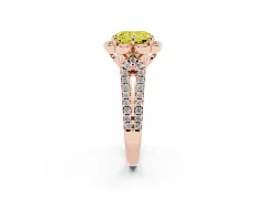 Fancy Yellow Radiant Cut Diamond Floral Halo Split Shank Engagement Ring Set in Rose gold with Pavé Shank