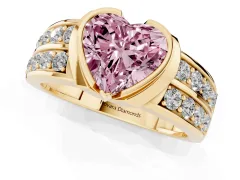 Fancy Pink Heart Cut Diamond Wide Channel Set Band Ring Set in Yellow gold with Bezel Setting