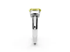 Fancy Yellow Emerald Cut Diamond Three-Stone Ring Set in White gold with Plain Polished Band