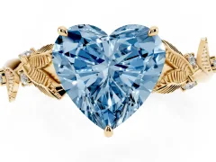 Fancy Blue Heart Cut Diamond Solitaire Ring Set in Yellow gold with Leaf Motif Band