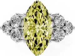 Fancy Yellow Marquise Cut Diamond Solitaire Ring Set in Silver with Cluster Accents on Each Side