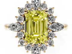 Fancy Yellow Emerald Cut Diamond Cluster Halo Ring Set in Yellow gold with Marquise and Round Accents