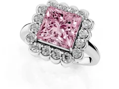 Fancy Pink Princess Cut Diamond Halo Cluster Engagement Ring Set in White gold with Solitaire Band and Prong Setting
