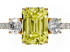 Fancy Yellow Emerald Cut Diamond Three-Stone Ring Set in Yellow gold with Pavé Band and Graduated Sides
