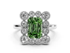 Fancy Green Emerald Cut Diamond Cluster Halo Ring Set in Silver with Milgrain Bezel Accents and Plain Band