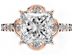 Princess Cut Diamond Solitaire Ring Set in Rose gold with Pavé Band and Floral Prong Setting