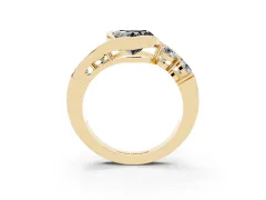 Fancy Black Heart Cut Diamond Bezel Bypass Ring Set in Yellow gold with Round Accents