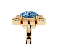 Fancy Blue Round Cut Diamond Cluster Halo Ring Set in Yellow gold with Milgrain Bezel Accents and Plain Band