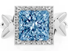 Fancy Blue Princess Cut Diamond Halo Floral Band Ring Set in Silver with Prong Setting
