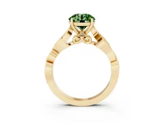 Fancy Green Round Cut Diamond Vine Band Solitaire Ring Set in Yellow gold with Milgrain Prong Setting
