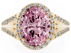Fancy Pink Oval Cut Diamond Halo Split Shank Pavé Ring Set in Yellow gold with Prong Setting
