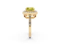 Fancy Yellow Asscher Cut Diamond Halo Ring Set in Yellow gold with Accent-Lined Split Shank and Prong Setting
