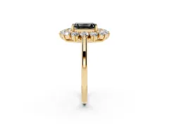Fancy Black Emerald Cut Diamond Floral Double Halo Ring Set in Yellow gold with Round Petals