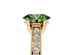 Fancy Green Oval Cut Diamond Solitaire Ring Set in Yellow gold with Milgrain-Edged Pavé Band and Prong Setting