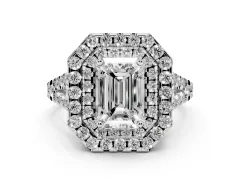 Emerald Cut Diamond Double Halo Ring Set in Platinum with Pavé Split Shank and Prong Setting