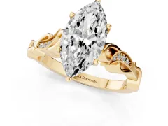 Marquise Cut Diamond Vine Band Solitaire Ring Set in Yellow gold with Milgrain Prong Setting