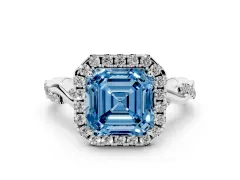 Fancy Blue Asscher Cut Diamond Halo Twist Band Solitaire Ring Set in White gold with Prong Setting