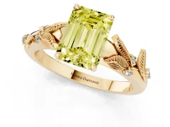 Fancy Yellow Emerald Cut Diamond Solitaire Ring Set in Yellow gold with Leaf Motif Band