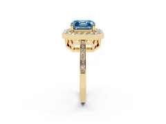 Fancy Blue Asscher Cut Diamond Halo Ring Set in Yellow gold with Accent-Lined Split Shank and Prong Setting