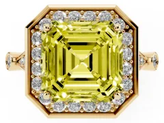 Fancy Yellow Asscher Cut Diamond Halo Engagement Ring Set in Yellow gold with Twisted Band and Prong Setting