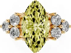 Fancy Yellow Marquise Cut Diamond Solitaire Ring Set in Yellow gold with Cluster Accents on Each Side
