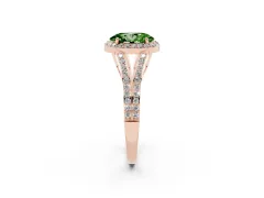 Fancy Green Oval Cut Diamond Halo Split Shank Pavé Ring Set in Rose gold with Prong Setting