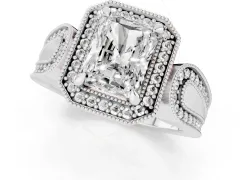 Radiant Cut Diamond Halo Ring Set in Platinum with Milgrain Accent Split Shank