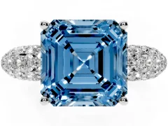 Fancy Blue Asscher Cut Diamond Pavé Band Solitaire Ring Set in White gold with Close-Set Accent Stones and Prong Setting