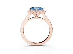 Fancy Blue Princess Cut Diamond Halo Engagement Ring Set in Rose gold with Pavé Band and Rising Shoulders