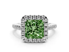 Fancy Green Princess Cut Diamond Pavé Halo Engagement Ring Set in White gold with Pavé Band and Prong Setting