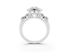 Emerald Cut Diamond Floral Halo Ring Set in White gold with Shared Prong Band